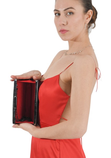 Siyah Renk Kristal Desenli Mat Deri Abiye Çanta Gece Çantası Nişan Düğün Çantası El Yapımı