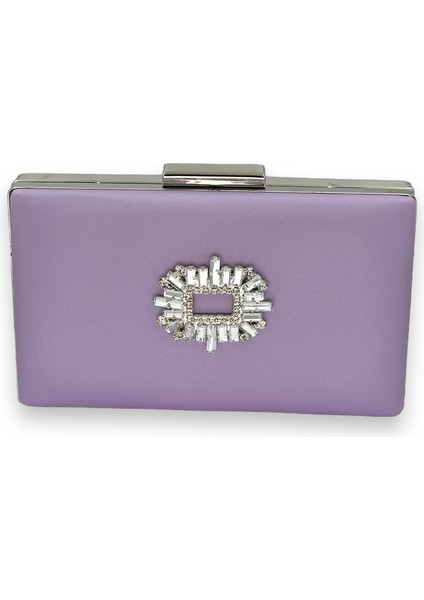 Lila Renk Çizilmeyen Saten Gümüş Taşlı Abiye Çanta Düğün Nişan Çantası