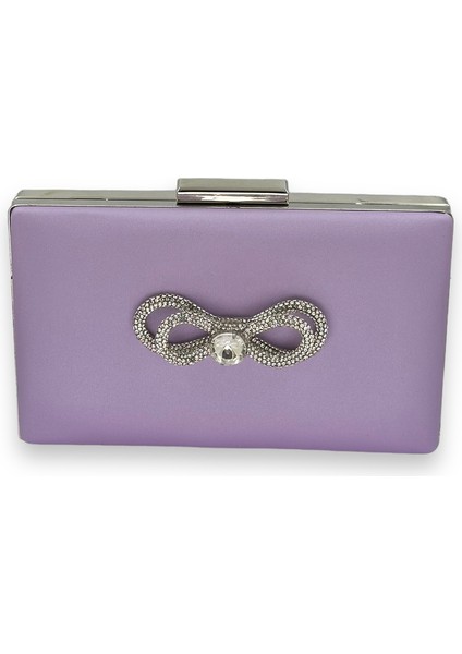 Lila Renk Çizilmeyen Saten Gümüş Taşlı Abiye Çanta Düğün Nişan Çantası