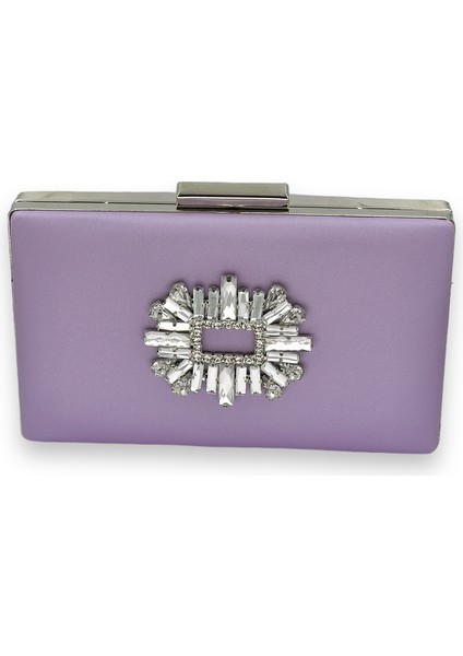 Lila Renk Çizilmeyen Saten Gümüş Taşlı Abiye Çanta Düğün Nişan Çantası