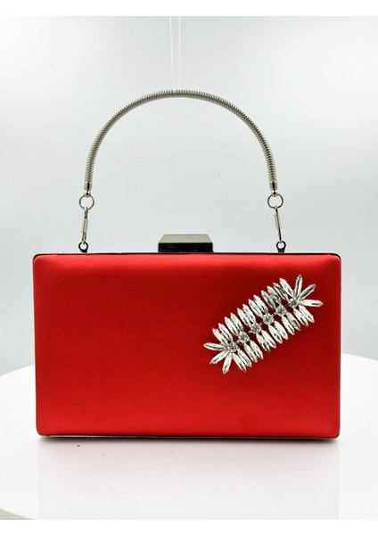 Kırmızı Renk Saten Gümüş Kasalı Gümüş Taşlı Abiye Çanta Gece Çantası Düğün Nişan Portföy