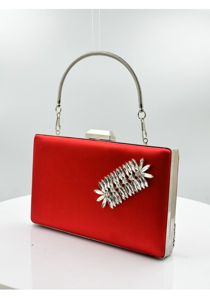 Kırmızı Renk Saten Gümüş Kasalı Gümüş Taşlı Abiye Çanta Gece Çantası Düğün Nişan Portföy fiyatları