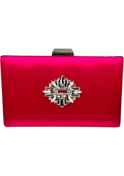 Fuşya Renk Saten Gümüş Kasalı Gümüş Taşlı Abiye Çanta Gece Çantası Düğün Nişan Portföy