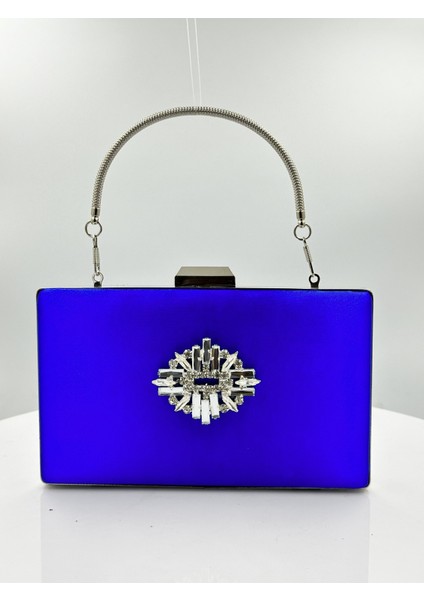 Saks Mavisi Renk Saten Gümüş Kasalı Gümüş Taşlı Abiye Çanta Gece Çantası Düğün Nişan Portföy