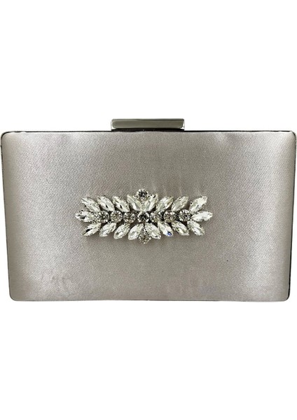 Vizon Renk Saten Gümüş Kasalı Gümüş Taşlı Abiye Çanta Gece Çantası Düğün Nişan Portföy
