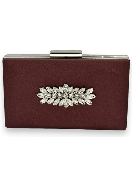 Bordo Renk Çizilmeyen Saten Gümüş Taşlı Abiye Çanta Düğün Nişan Çantası