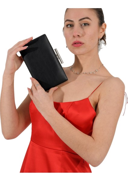 Siyah Renk Mat Deri Cilt Deri Abiye Çanta Gece Çantası Nişan Düğün Çantası