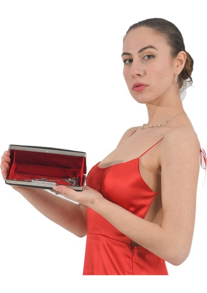 Siyah Renk Mat Deri Cilt Deri Abiye Çanta Gece Çantası Nişan Düğün Çantası