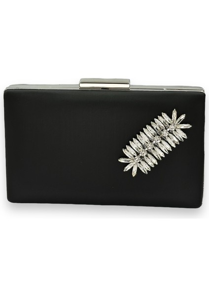 Siyah Renk Çizilmeyen Saten Gümüş Taşlı Abiye Çanta Düğün Nişan Çantası