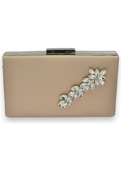 Vizon Renk Çizilmeyen Saten Gümüş Taşlı Abiye Çanta Düğün Nişan Çantası