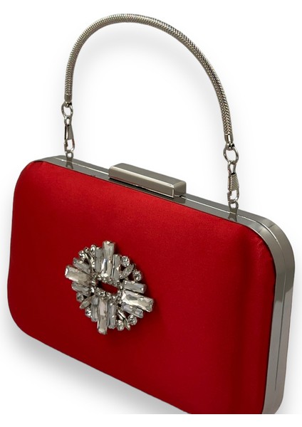 Kırmızı Renk Saten Gümüş Kasalı Gümüş Taşlı Kulplu Saplı Abiye Gece Çantası Düğün Portföy