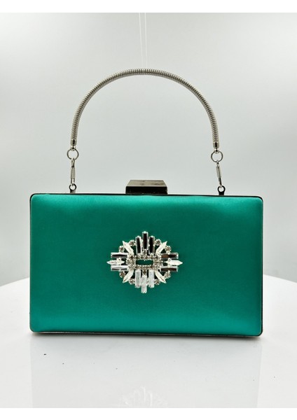 Yeşil Renk Saten Gümüş Kasalı Gümüş Taşlı Abiye Çanta Gece Çantası Düğün Nişan Portföy