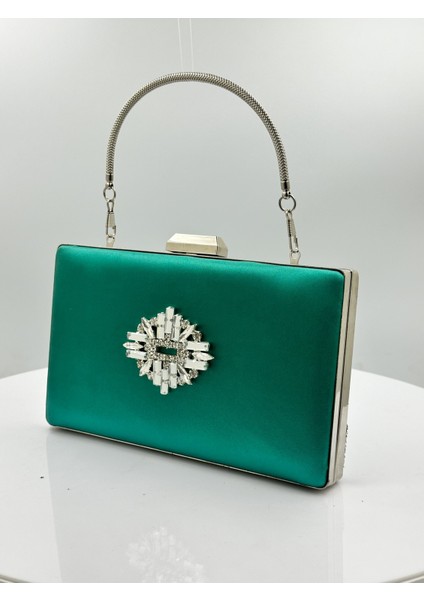 Yeşil Renk Saten Gümüş Kasalı Gümüş Taşlı Abiye Çanta Gece Çantası Düğün Nişan Portföy fiyatları