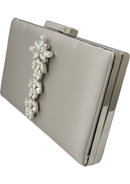 Vizon Rengi Gümüş Kasalı Gümüş Taşlı Saten Abiye Çanta Gece Çantası Nişan Düğün Çantası fiyatları