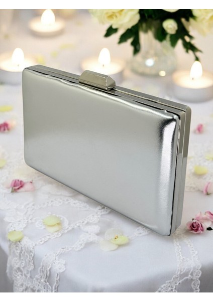 Gümüş Lame Renk Cilt Deri Mat Deri Abiye Çanta Gece Çantası Nişan Düğün Çantası El Çantası