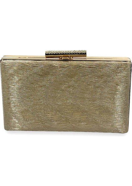 Altın Gold Renk Lazer Su Yolu Desenli Abiye Çanta Gece Çantası Düğün Nişan Kına Çantası