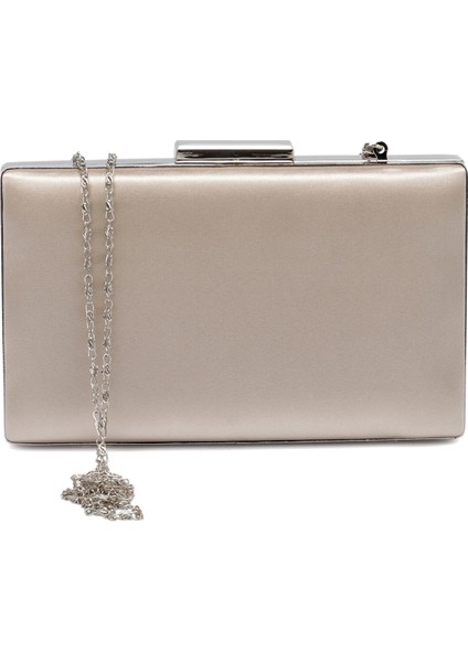 Vizon Rengi Gümüş Kasalı Saten Abiye Çanta Gece Çantası Nişan Düğün Çantası El Çantası