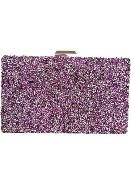 Lila Renk Taşlı Abiye Çanta Gece Çantası Nişan Düğün Çantası El Yapımı Çanta Zincirli Çanta