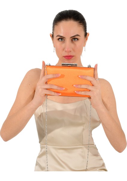 Turuncu Renk Saten Abiye Çanta Gece Çantası Nişan Düğün Çantası