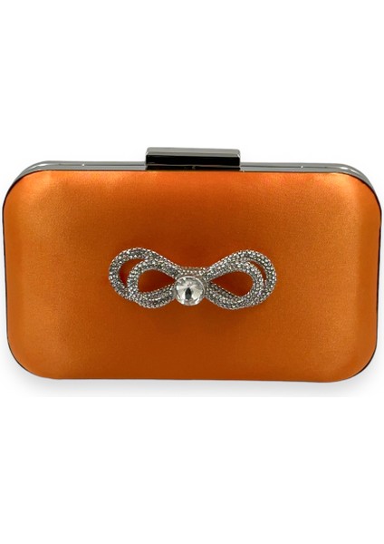 Turuncu Renk Saten Gümüş Kasalı Gümüş Taşlı Abiye Çanta Gece Çantası Düğün Nişan Portföy