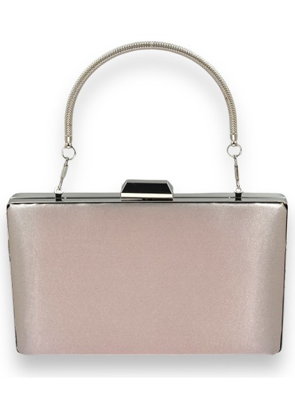 Vizon Renk Saten Gümüş Kasalı Gümüş Taşlı Abiye Çanta Gece Çantası Düğün Nişan Portföy