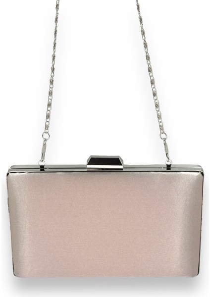 Vizon Renk Saten Gümüş Kasalı Gümüş Taşlı Abiye Çanta Gece Çantası Düğün Nişan Portföy