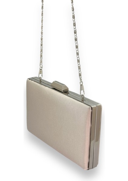 Vizon Renk Saten Gümüş Kasalı Gümüş Taşlı Abiye Çanta Gece Çantası Düğün Nişan Portföy