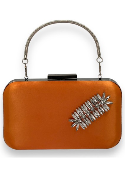 Turuncu Renk Saten Gümüş Kasalı Gümüş Taşlı Kulplu Saplı Abiye Gece Çantası Düğün Portföy