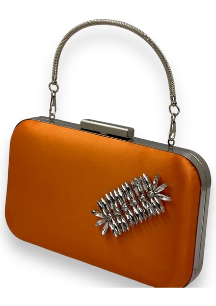 Turuncu Renk Saten Gümüş Kasalı Gümüş Taşlı Kulplu Saplı Abiye Gece Çantası Düğün Portföy fiyatları