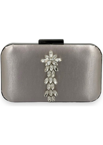 Vizon Renk Saten Gümüş Kasalı Gümüş Taşlı Abiye Çanta Gece Çantası Düğün Nişan Portföy