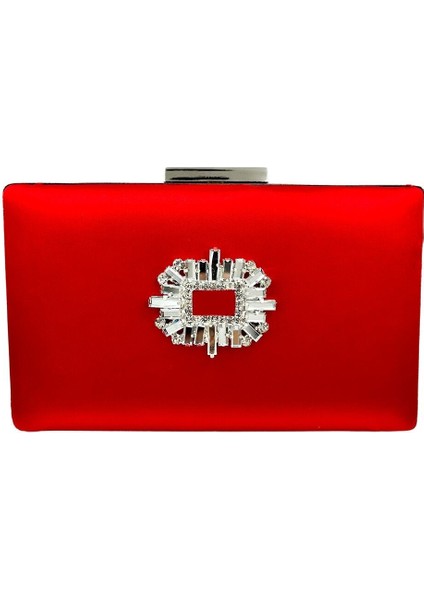Kırmızı Renk Saten Gümüş Kasalı Gümüş Taşlı Abiye Çanta Gece Çantası Düğün Nişan Portföy