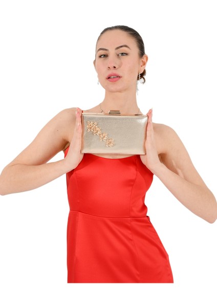 Altın Gold Renk Sıvama Saten Kristal Taşlı Abiye Çanta Gece Çantası Nişan Düğün Çantası