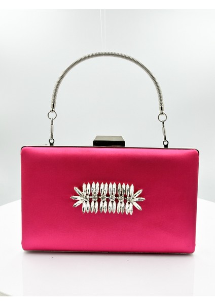 Fuşya Renk Saten Gümüş Kasalı Gümüş Taşlı Abiye Çanta Gece Çantası Düğün Nişan Portföy