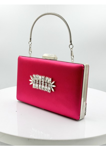 Fuşya Renk Saten Gümüş Kasalı Gümüş Taşlı Abiye Çanta Gece Çantası Düğün Nişan Portföy fiyatları