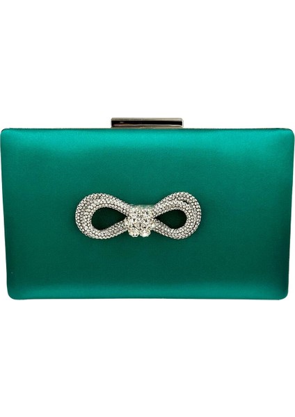 Yeşil Renk Saten Gümüş Kasalı Gümüş Taşlı Abiye Çanta Gece Çantası Düğün Nişan Portföy