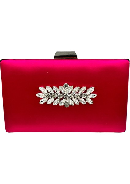 Fuşya Renk Saten Gümüş Kasalı Gümüş Taşlı Abiye Çanta Gece Çantası Düğün Nişan Portföy