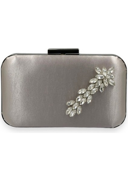 Vizon Renk Saten Gümüş Kasalı Gümüş Taşlı Abiye Çanta Gece Çantası Düğün Nişan Portföy