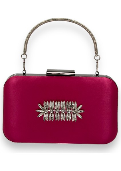 Fuşya Renk Saten Gümüş Kasalı Gümüş Taşlı Kulplu Saplı Abiye Gece Çantası Düğün Portföy