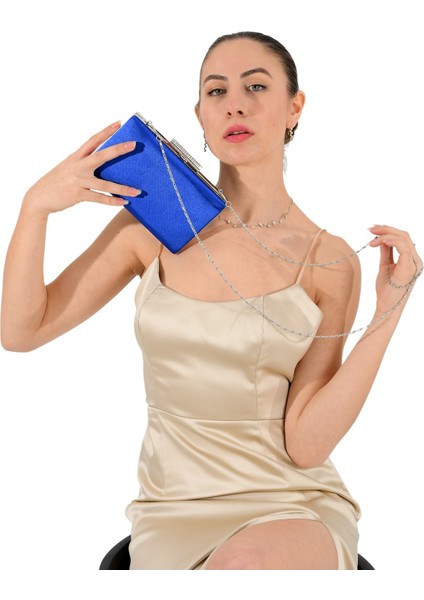 Saks Mavisi Renk Saten Taşlı Kasa Bayan Abiye Çanta Gece Çantası Nişan Düğün Çantası