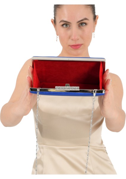 Saks Mavisi Renk Saten Taşlı Kasa Bayan Abiye Çanta Gece Çantası Nişan Düğün Çantası