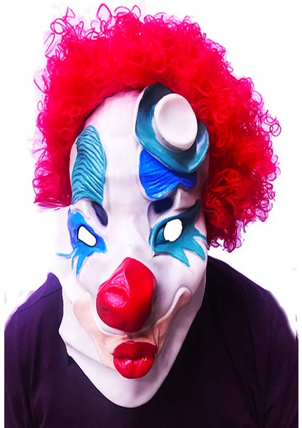 Zeroshop Kırmızı Renk Afro Bonus Peruklu Palyaço Lateks Et Maske