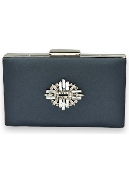 Lacivert Rengi Çizilmeyen Saten Gümüş Taşlı Abiye Çanta Düğün Nişan Çantası