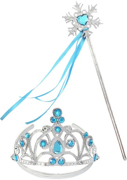 Zeroshop Mavi Taşlı Elsa Çocuk Taç ve Kar Temalı Kurdeleli Elsa Asası Sopası