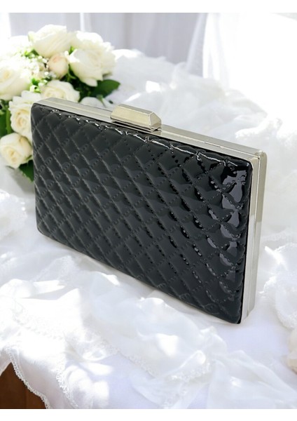 Siyah Lüks Rugan Kapitone Desenli Kadın Abye Çanta Düğün Nişan Mezuniyet