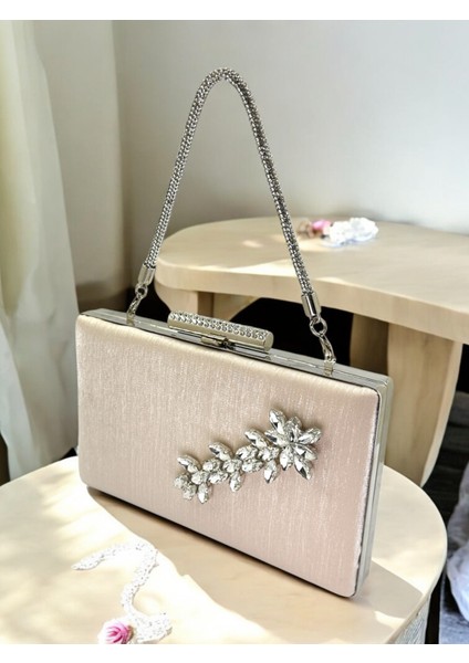 Ten Nude Taşlı Saplı Renk El Izi Yapmayan Simli Saten Kristal Taşlı Kadın Abiye Çanta Düğün Nişan