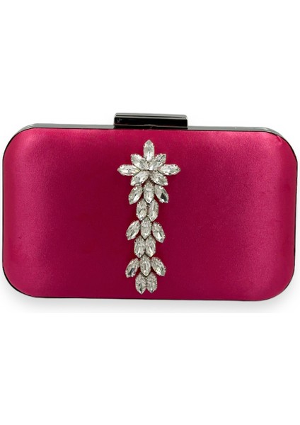 Fuşya Renk Saten Gümüş Kasalı Gümüş Taşlı Abiye Çanta Gece Çantası Düğün Nişan Portföy