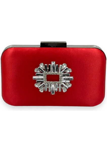 Kırmızı Renk Saten Gümüş Kasalı Gümüş Taşlı Abiye Çanta Gece Çantası Düğün Nişan Portföy