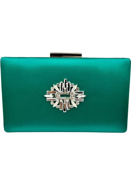 Yeşil Renk Saten Gümüş Kasalı Gümüş Taşlı Abiye Çanta Gece Çantası Düğün Nişan Portföy
