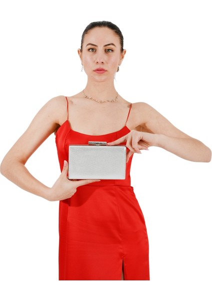 Gümüş Renk Taşlı Kasa Abiye Çanta Gece Çantası Düğün Nişan Çantası