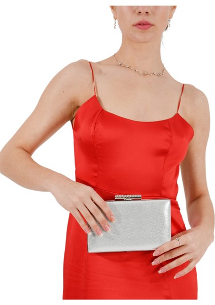 Gümüş Renk Taşlı Kasa Abiye Çanta Gece Çantası Düğün Nişan Çantası